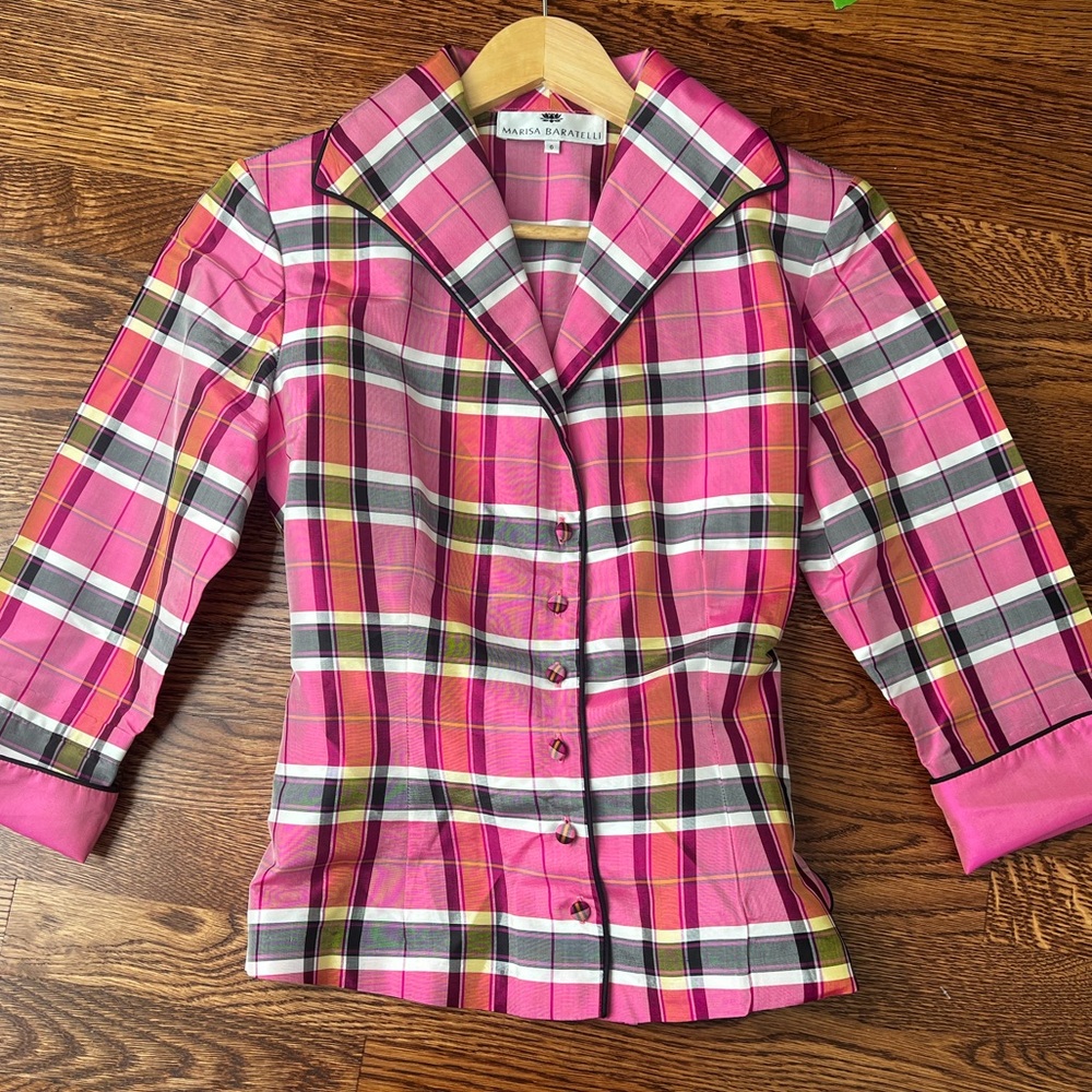 MARISA BARATELLI Pink‎ Plaid Thai Silk Preppy Tie Button Down Shirt Luxury 6